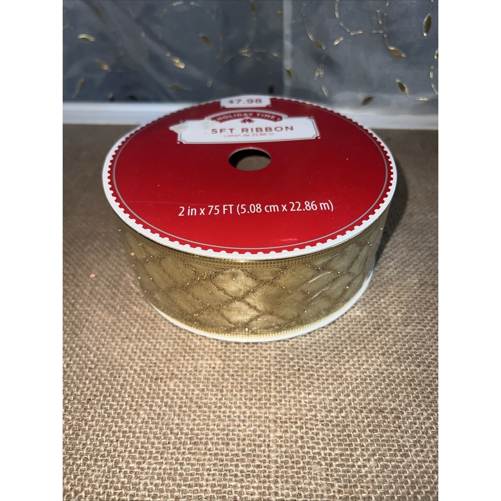 Holiday Time Gold Wired Ribbon 2in x 75ft Glitter Diamond Lattice RB03